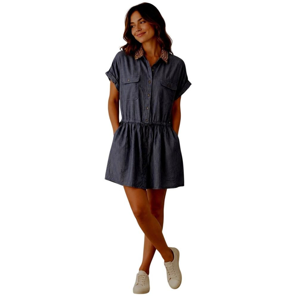 Sea New York Chambray Shirt Dress Leopard Calf Hair Collar Size 4